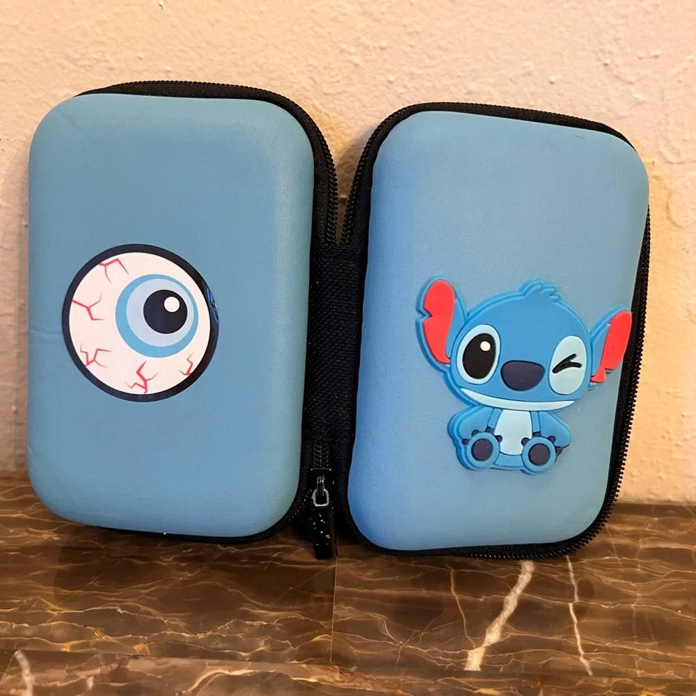 Stitch Themed Portable Hard Shell Charger Earbud Case w Spooky Eyeball Sticker